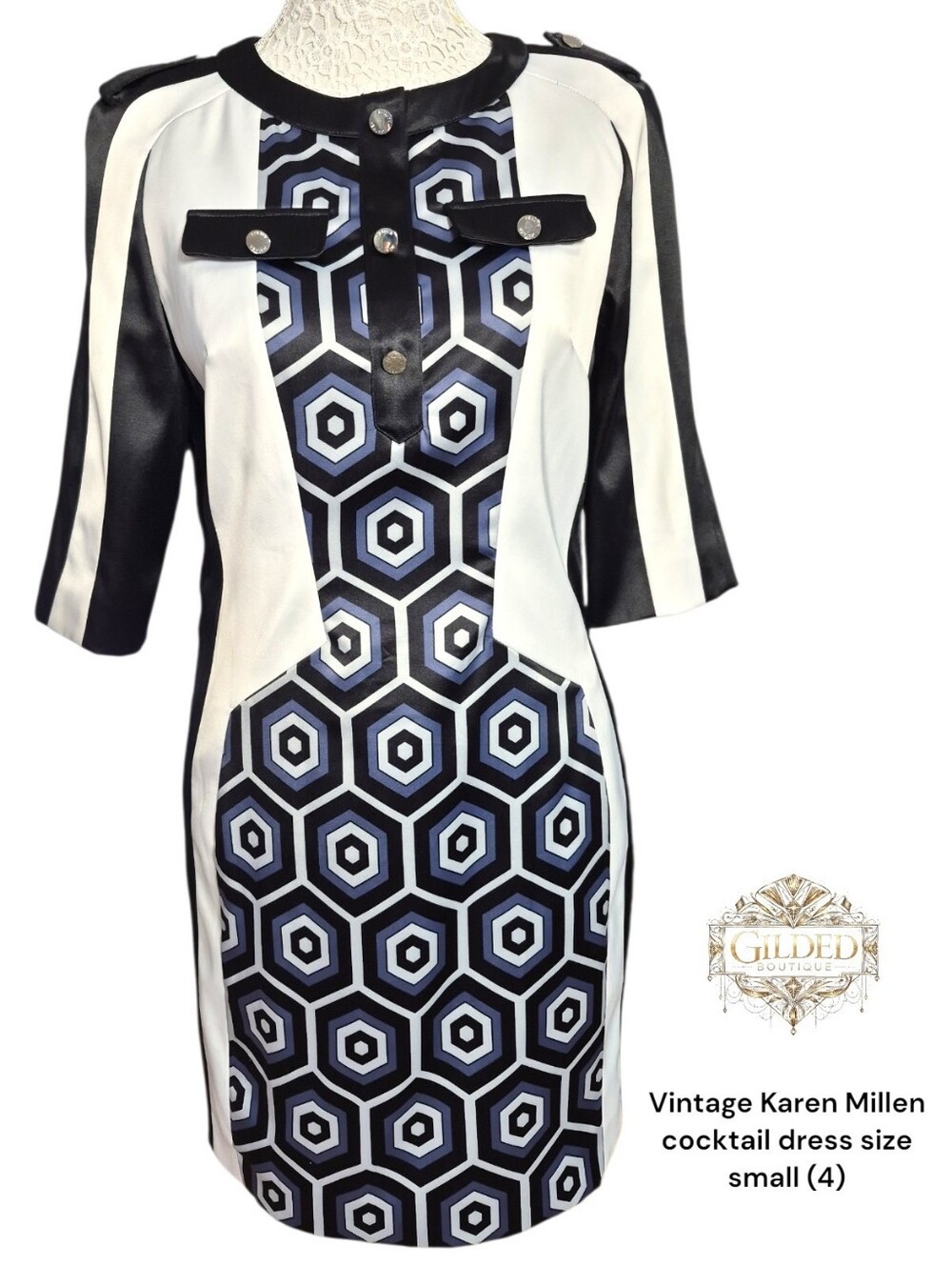 Vintage Karen Millen Black and White Geometric Panel Midi Cocktail Shift Dress